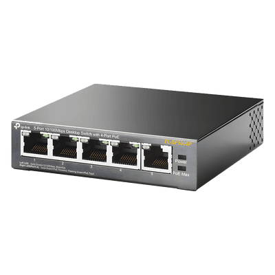 Switch PoE no administrable / 5 puertos Fast Ethernet / 4 puertos PoE 802.3af/at / Presupuesto 67 W / Alcance 250 m (820 pies) / Prioridad de video