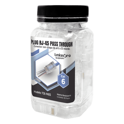 Bote de Plugs Pass Through RJ45 Cat6 / 100 Piezas / Sin Blindaje / Chapado Oro 30 Micras / Diseño Monopieza