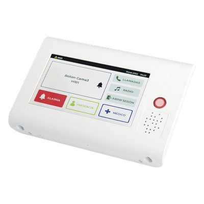 Terminal Inteligente para Habitación Hospitalaria / Pantalla Táctil 7" / RFID 125 kHz / VoIP SIP Bidireccional / PoE IEEE 802.3af / Bus RS485 / Carcasa Antibacteriana