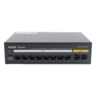 Switch PoE+ no administrable / 8 puertos PoE+ 10/100 / 2 uplinks 10/100 / 110W total / 2.0 Gbps switching