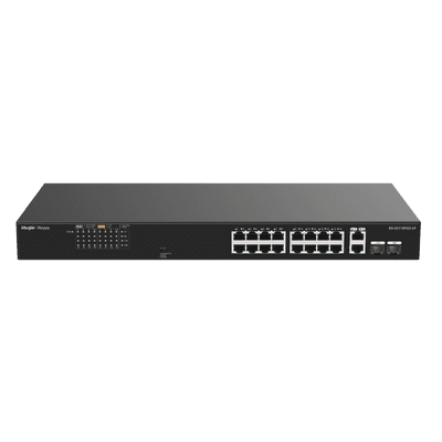 Switch PoE+ No Administrable / 16 Puertos 10/100 PoE+ / 2 Uplinks Gigabit / 2 SFP Combo / 120W PoE / 7.2 Gbps / Sin Ventilador