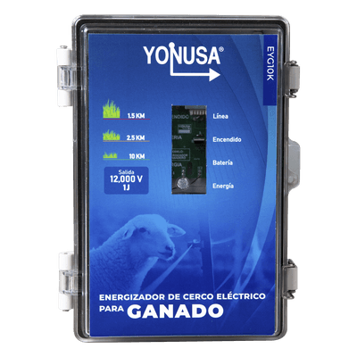 Energizador Ganadero / 10,000 Volts / 0.2 a 5.0 Joules Ajustable / 25 km (82,020 ft) Lineales / Alimentación 90-260 Vca y 12 Vcd / Panel Solar / NEMA 2