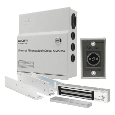 Kit de Control de Acceso / Fuente 12 VCD 5A / Chapa Magnética 600 lbs / Botón Sin Contacto / Montajes L y Z / Batería de Respaldo Opcional