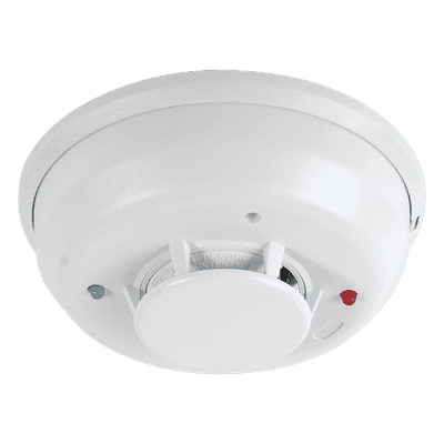 Detector de Humo Foto-Térmico Convencional / 2 Hilos No Polarizado / Relevador Auxiliar Forma C / Sensor Térmico Fijo 57.2 °C / LED Bicolor / Base Plug-In Incluida