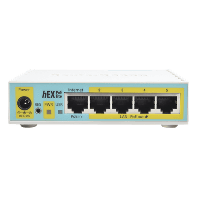 RouterBoard / 5 Puertos Fast Ethernet / 4 con PoE Pasivo / USB 2.0 / CPU 650 MHz / Rango -30°C a +70°C